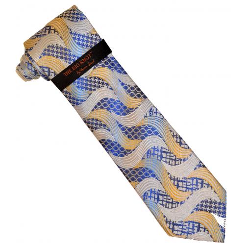 Steven Land "Big Knot" BWR636 Blue / White / Silver Wavy Design 100% Woven Silk Necktie / Hanky Set